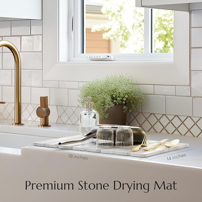CHROME CLUB Stone Drying Mat for Kitchen Counter - Collapsible Diatomaceous Earth Dish Drying Stone - Fast Absorbent Stone Dish Drying Mat for Dishes and Pots (White Marble)