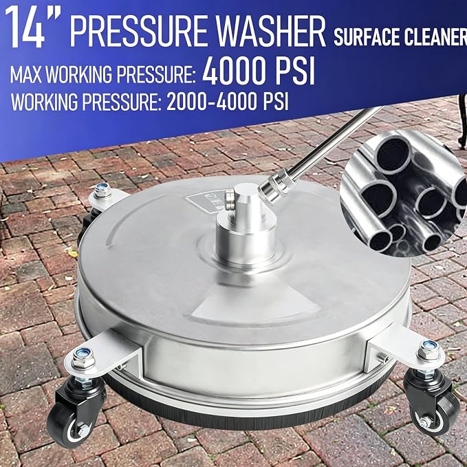 Hourleey 14" Pressure Washer Surface Cleaner, Stainless Steel Surface Cleaner with 4 Wheels for Concrete, Patio, Sidewalk, Deck, Pathway 1/4" Quick Connector, 2 Extension Wand, 4000 PSI