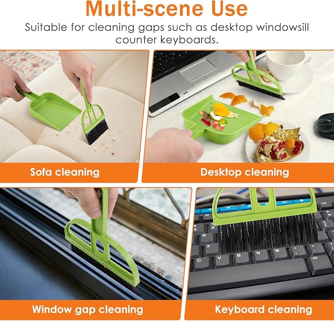 SEWACC 6 Sets Mini Broom and Dustpan Set, Small Brush and Shovel Combination for Desktop Cleaning, Home Office Use, Green Plastic