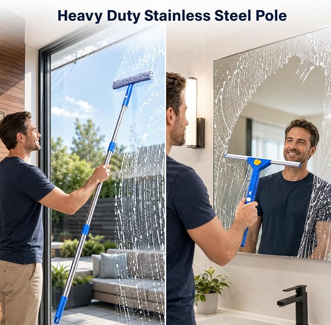 Window Cleaning Kit with Extendable Long Handle, Professional Window Squeegee & Window Washer Tool Set for Indoor Outdoor High Windows, Glass, RV & Shower Doors