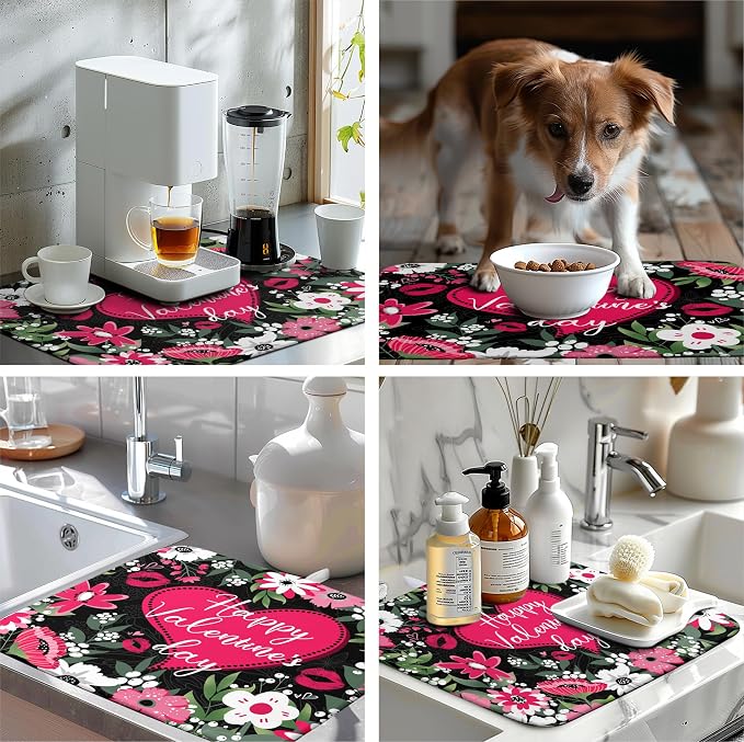 Happy Valentine's Day Dish Drying Mat for Kitchen Counter Valentines Flowers Love Heart Drying Mats Absorbent Reversible Dishes Drainer Mats Microfiber Dish Drying Pad Large Dish Rack Mat 18x24 Inch