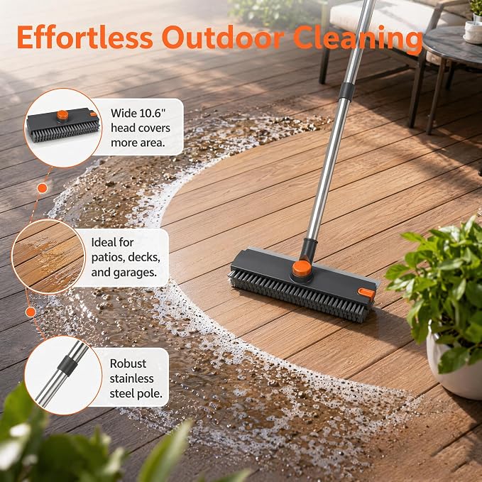 3-in-1 Floor Scrub Brush with Long Handle, Rotating Head Squeegee & Tweezer | Stiff Dual-side Bristle, 50'' Extension Pole, Stainless Steel, Multi-Surface for Shower Tile Patio Kitchen Deck Cleaning