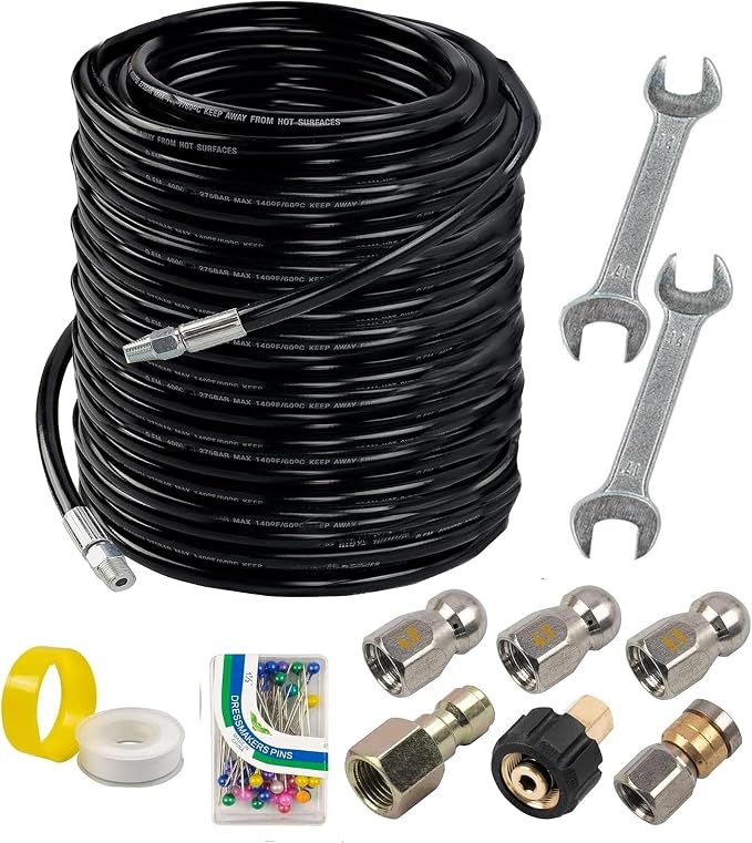 Hourleey Sewer Jetter Kit for Pressure Washer 200FT, Drain Cleaner Hose 1/4 Inch NPT, Orifice 4.0 Button Nose and Rotating Sewer Jetting Nozzle Spanner Tape Pearl Corsage Pin, 4000 PSI