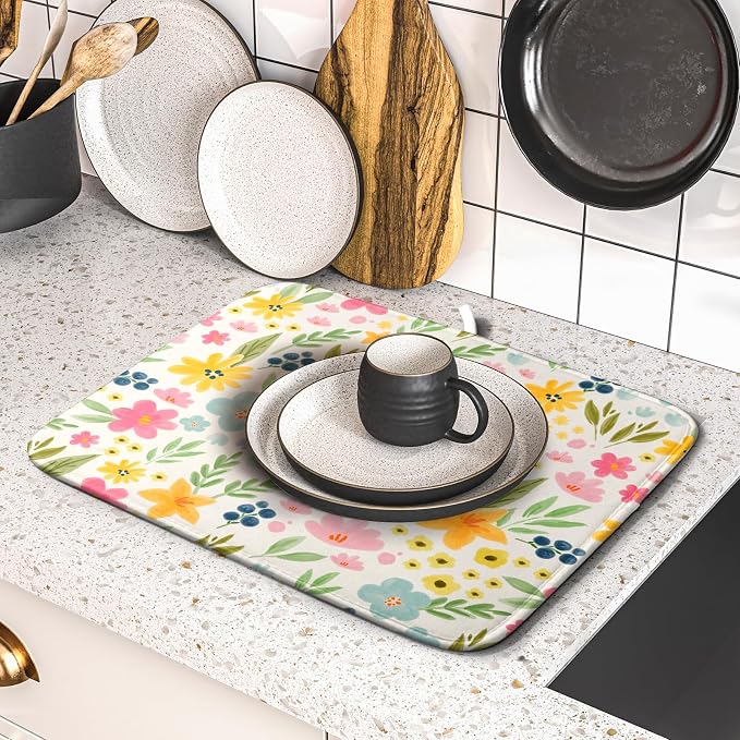 Spring Easter Floral Dish Drying Mat for Kitchen Counter 16x18 Green Pink Yellow Blue Cute Flower Print Absorbent Reversible Microfiber Drying Mats Kitchen Countertop Protector Dishes Drainer Pad