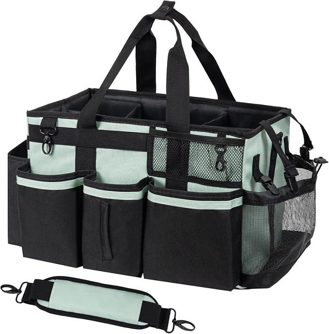 SCAVATA Wearable Cleaning Caddy, Cleaning Caddy Supplies Organizer with Handle & Shoulder Straps for Housekeepers, Under Sink & Car Cleaning Tool Organizers Bag with 4 Foldable Divider (Celadon)
