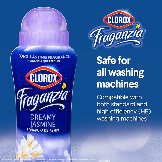 Clorox Fraganzia Laundry Scent Booster Crystals, In-Wash Fragrance Beads for Fresh-Smelling Clothes & Linens, Safe for All Fabrics & Colors, Easy-Pour Bottle, Dreamy Jasmine Scent, 18 Oz, 2 Pack