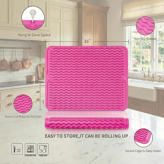 MicoYang Silicone Dish Drying Mat — Quick-Dry Ridges Counter & Sink Pad, Heat-Resistant Trivet to 450°F, Non-Slip & Dishwasher Safe, Roll-Up Storage, 18 Colors & 9 Sizes (Rose, 16"×12")