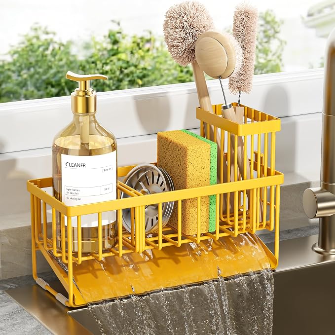 Cisily Lemon Yellow Sink Caddy Organzier with High Brush Holder, Sponge Holder for Sink, 304 Rustproof Stainless, Kitchen Countertop Soap Dispenser Organizer, Lemon Kitchen Decor and Accessories