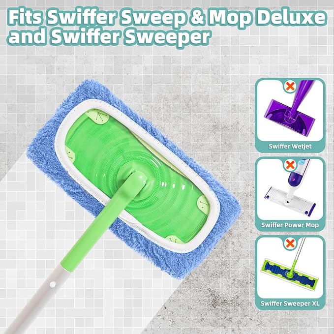 Reusable Mop Pads Compatible with Swiffer Sweeper Mop, Microfiber Dry Sweeping Cloths & Machine Washable Wet Pads Refill for Use on All Sealed Floors - Stone, Hardwood, Laminate & Tile (3 Blue)