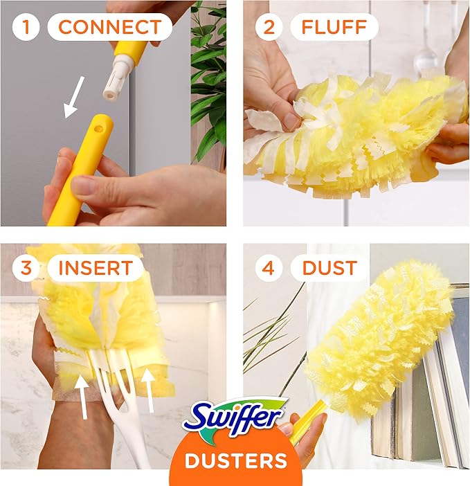Swiffer Duster Kit with 3 ft Extendable Handle, Heavy Duty Dusting Starter Kit with 3 Refills, for Ceiling Fans, Vents and Hard to Reach Places (Pack of 6)