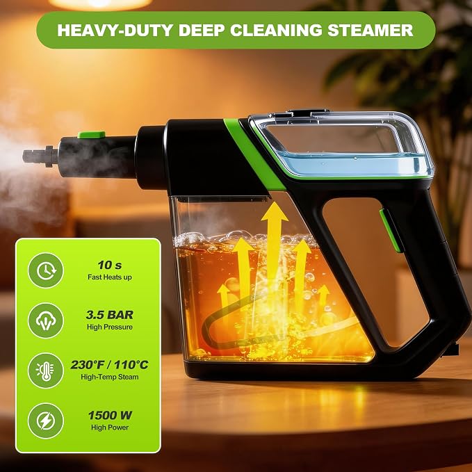 Handheld Steam Cleaner for Home,Steamer for Cleaning Bathroom Kitchen Car | 10S Fast Heat-Up,3.5Bar High-Pressure Steam,Refill Without Cooling,3 Ft Flexible Hose,Secure Lock Design，12 Accessories