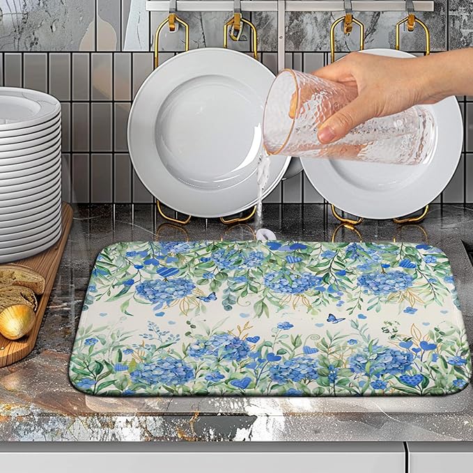 Blue Hydrangea Floral Dish Drying Mat for Kitchen Counter Spring Butterfly Flower Drainer Mat Absorbent Reversible Microfiber Heat Resistant Dry Pad Reusable Washable Dishes Pad 16x18 Inch
