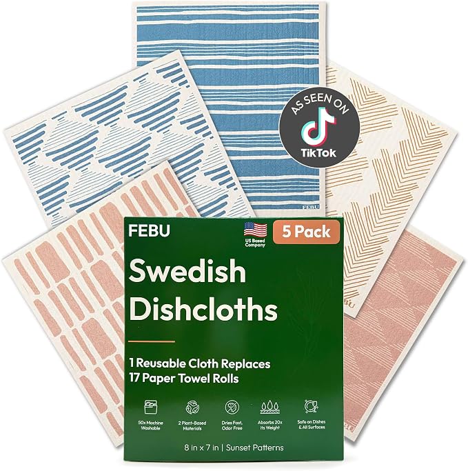 FEBU Swedish Dishcloths for Kitchen | 5 Pack Sunset Reusable Paper Towels Washable | Swedish Dish Towels | Non-Scratch Cellulose Sponge Cloths | No Odor, Biodegradable Cleaning Cloths