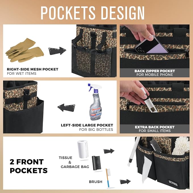 SCAVATA Compact Wearable Cleaning Caddy with Handle & Shoulder Straps | Small Cleaning Supplies Organizer, Under Sink & Car Cleaning Tools Storage Bag for Housekeepers Cleaners, Leopard