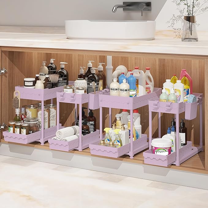 Sevenblue 4-Pack 2-Tier Under Sink Organizer with Pull Out Drawers | Multi-use kitchen & bathroom storage. Includes hanging hooks and cups. Pink, space-saving cabinet design. 14.8 Inch