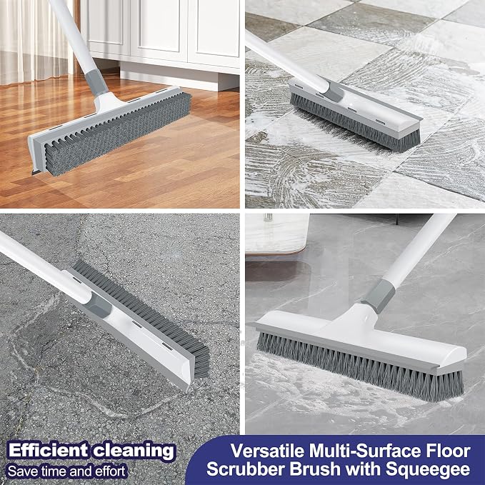 Yolaist 60 inch Long Handle Floor Scrub Brush, 2 in 1 Heavy Duty Hard Bristle Deck Scrubber & Squeegee for Tile, Wall, Concrete, Shower, Bathroom, Kitchen, Garage, Patio