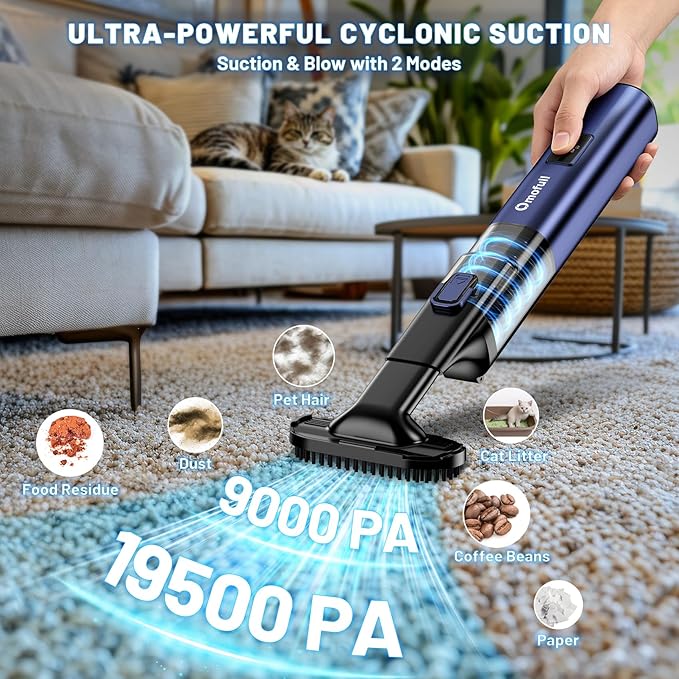 Car Vacuum Portable Cordless, 19500Pa 4-in-1 Handheld Vacuum Cordless Vacuum Cleaner&Air Duster with Multi-Nozzles, 140W Hand Cordless Rechargeable Vacuum Cleaners for Car, Home, Office, Pet