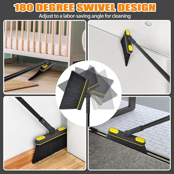 JEHONN Broom and Dust Pan, 54.3 inches Long Handle Swivel Brush, Upright Foldable Dustpan with Comb Teeth for Home Kitchen Lobby Indoor Floor Cleaning (Black & Yellow)