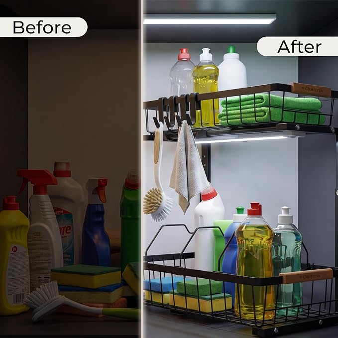 Under Sink Organizer with Motion-Activated LED Lights, 2 Pack, 2 Tier Sliding L-Shaped Carbon Steel Rack with Adjustable Height, Dividers & Hooks (Black)