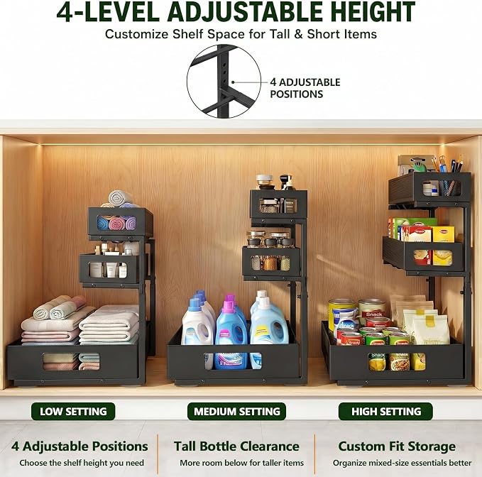 3 Tier Under Sink Organizer,1 Pack Pull Out Cabinet Shelves with Adjustable Height,Heavy Duty Carbon Steel L-Shaped Storage for Kitchen Bathroom Sink,Pantry & Laundry,Black