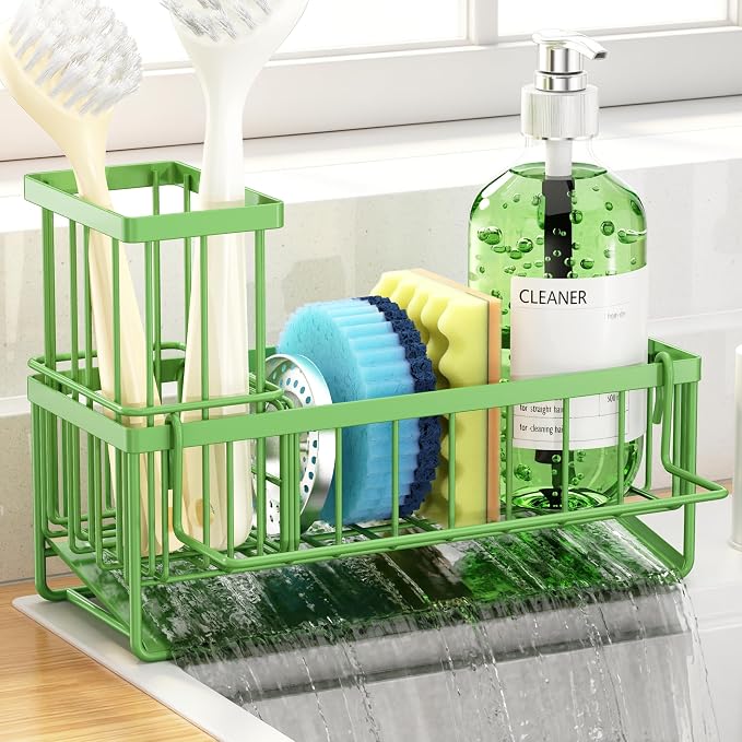 Sponge Holder for Kitchen Sink, Kitchen Sink Caddy, Kitchen Sink Sponge Holder, Dish Sponge Holder, Kitchen Sink Organizer for Sponge, Dish Brush, Scrubber(9.65" x 3.74" x 6.3", Avocado)