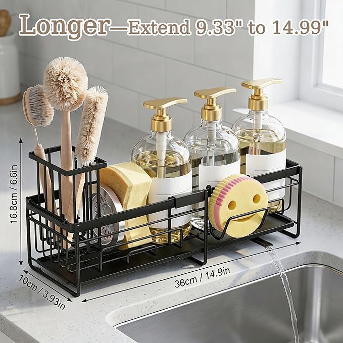 spospo Extendable Sponge Holder for Kitchen Sink, Extra Large Adjustable Length Sink Caddy Organizer with High Brush Holder, Self-Draining Countertop Organizer