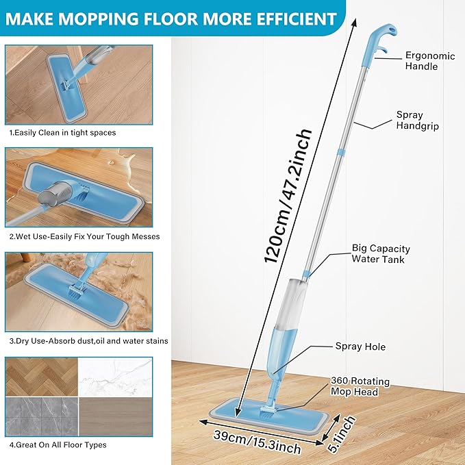Spray Wet Mops for Hardwood Floor Cleaning: Floor Mop Refillable Dust Mop | 3 Washable Pads for Swiffer Powermop, 360° Rotating Head, Dry Mop Commercial Flat Mops for Wood Laminate Ceramic Tiles Vinyl