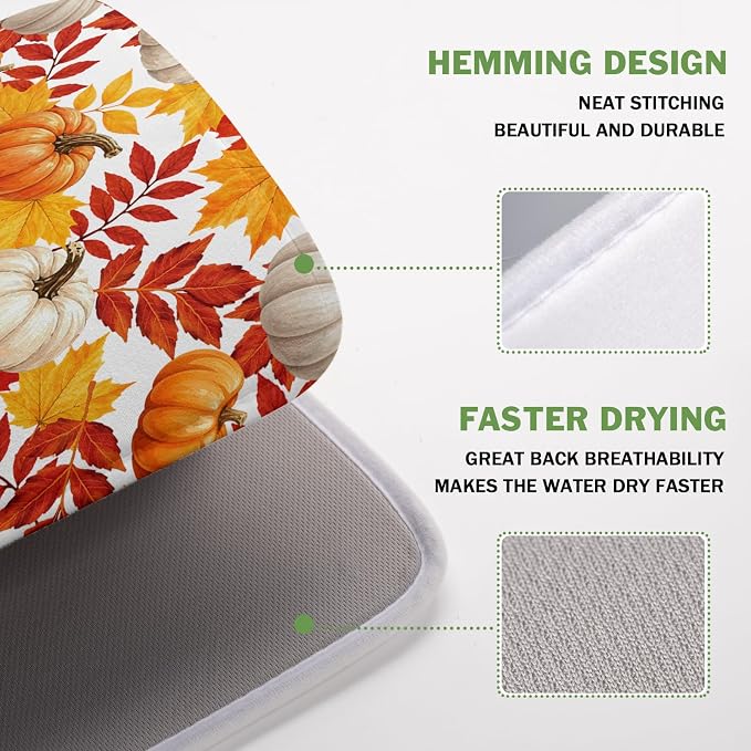 Fall Pumpkin Dish Drying Mat for Kitchen Counter 16x18 Inch Autumn Pumpkins Maple Leaves Drying Mats Thanksgiving Absorbent Reversible Dish Pad Fast Dry Drainer Mat Protector for Countertop Coffee Bar