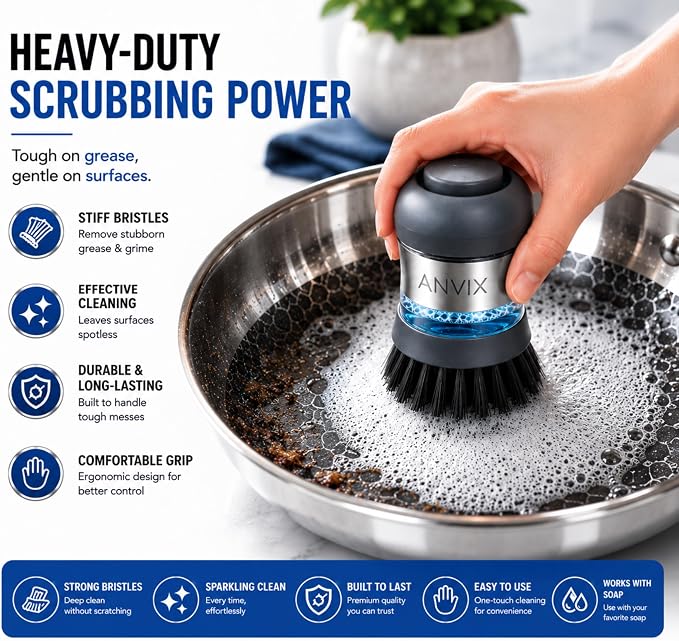 Soap Dispensing Palm Brush 2 Pack, Dish Scrubber with Built in Soap Dispenser, Stainless Steel Body, Replaceable Brush Head, Non Scratch Nylon Bristles for Dishes, Pots, Pans, Nonstick Cookware