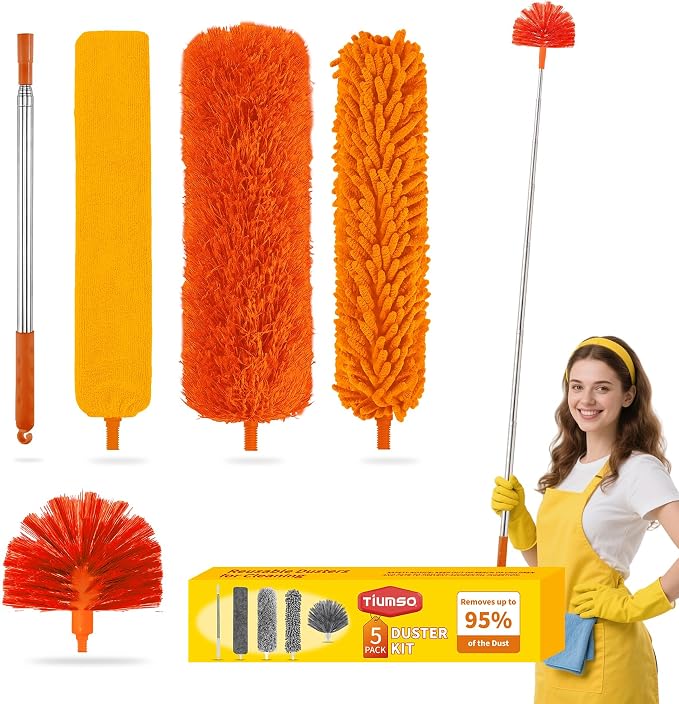 Tiumso 5-in-1 Duster with Extension Pole 100” Extendable Dusters for Cleaning Reusable Anti-Spin Dusting Kits for High Ceiling Fans, Cobwebs & Vents, Reinforced Stainless Steel Telescopic Handle