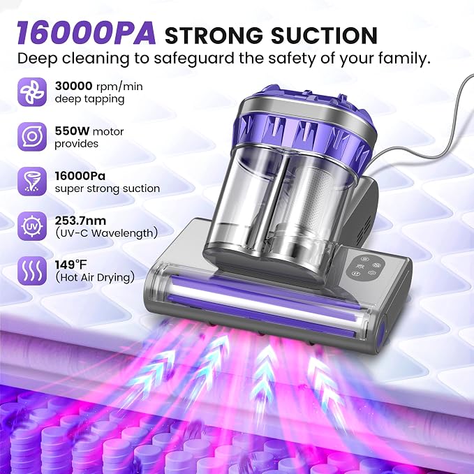 Mattress Vacuum Cleaner, Handheld Bed Vacuum Cleaner with 16Kpa Suction, 253.7nm UV-C Light & 149℉ Hot Air, 550W Double-Cup Handheld Vacuums