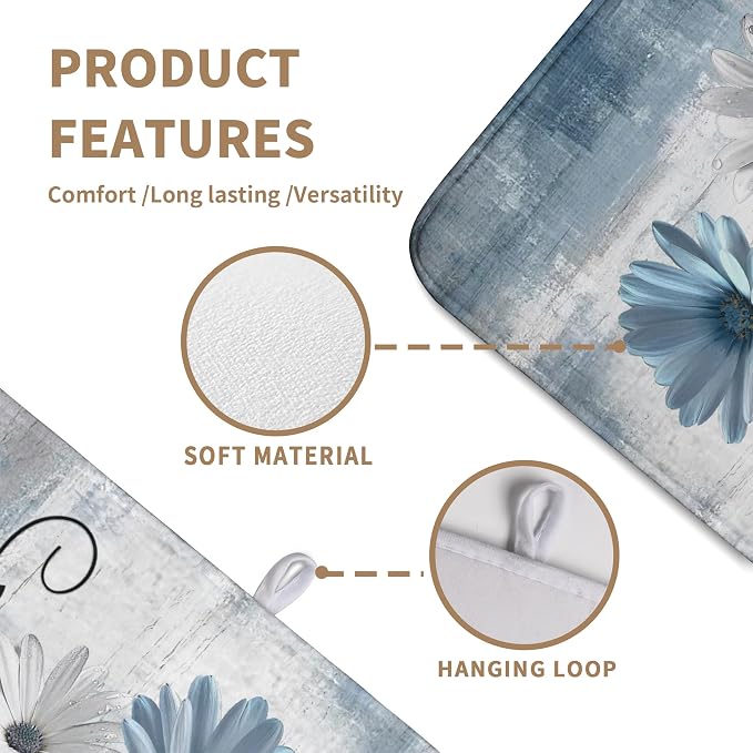 Dish Drying Mat for Kitchen Counter 18x24 Inch Blue Grey Daisy Drying Pads Rustic Vintage Floral Dish Dry Mat Microfiber Absorbent Farmhouse Dish Drainer Mat Flowers Dish Drainer Rack Mat