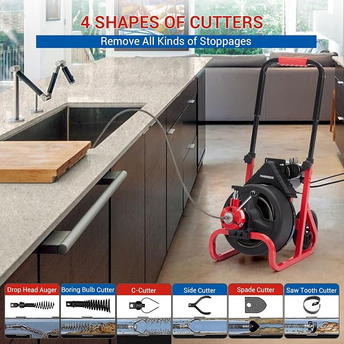 75 ft x 1/2 in Drain Cleaner Machine with 6 Cutters & Gloves, Auto Feed Sewer Snake for 2–4 Inch Pipes, Professional Plumbing Drain Cleaner Machine