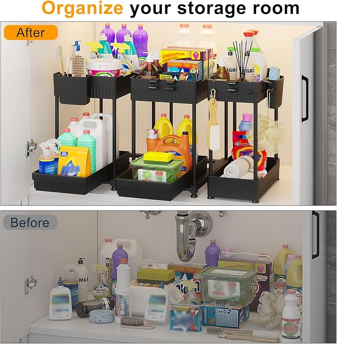 Sevenblue 3-Pack 2-Tier Under Sink Organizers with Sliding Drawers | Multi-use kitchen & bathroom storage, 14.8 inch black cabinet organizer, space-saving sliding drawer design.
