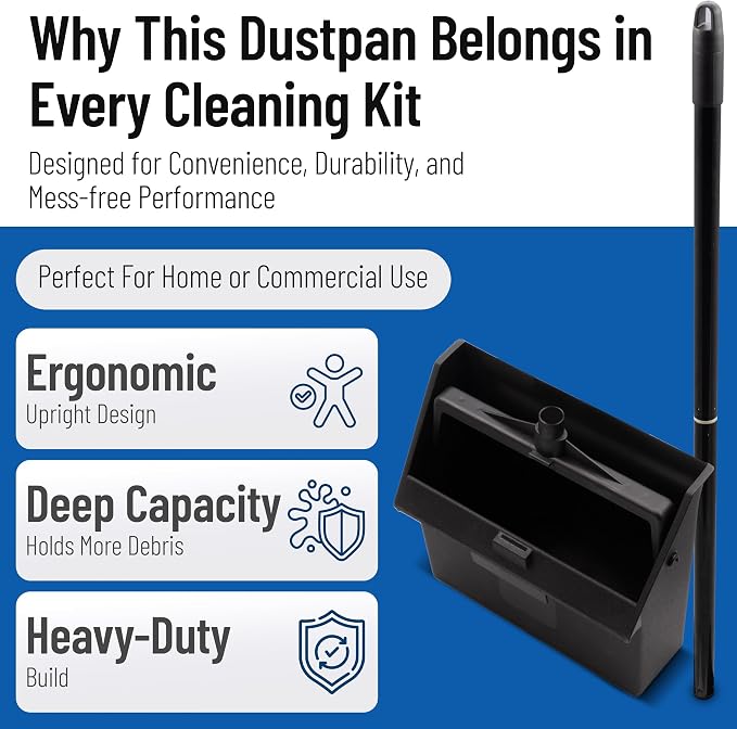 Carlisle FoodService Products Standing Dustpan – Dust Pan with Handle, Serrated Edge, Pivoting Pan Design, for Home, Kitchen, Lobby, or Office, 30 Inch Plastic, Black