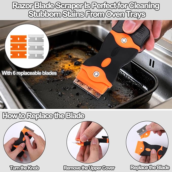 XANGNIER Heavy Duty Oven Cleaning Tools Kit,Oven Cleaner Brush Accessories | 1pcs Crevice Cleaning Brush,1pcs Razor Blade Scraper,1pcs Pumice Stone,1pcs Steel Wool Scrubber,2pcs Scrub Sponges