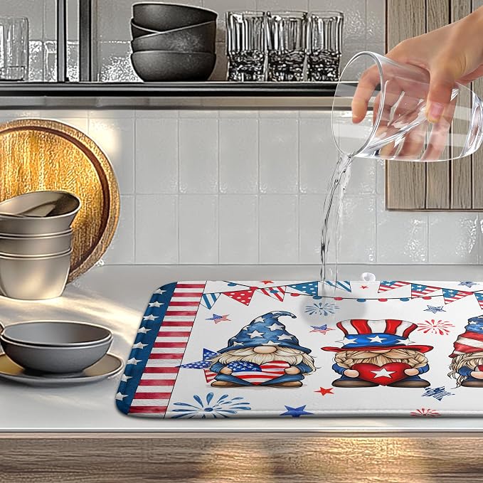 4th of July Gnomes Dish Drying Mat Patriotic Gnome Large Kitchen Mat Dish Drying Pad Absorbent Dish Dryer Mat for Kitchen Countertops Microfiber Drainer Pad Dish Drying Rack Mat (18x24 in)
