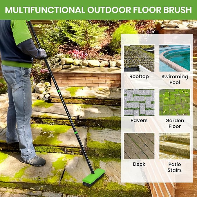 3 in 1 Weeding Wire Metal Brush Tools, Concrete Scrub Deck Brush with Long Handle for Moss, Tough Stains on Paving, Garden, Patio, Pool