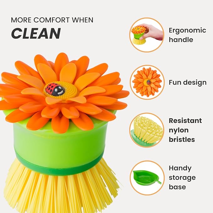 Vigar Flower Power Palm Dish Scrub Brush with Holder, Kitchen Scrub Brush for Dishes, Dish Scrubber, Sink Brush, Dishwashing Brush and Vegetable Scrubber for Household Cleaning - Orange, Green