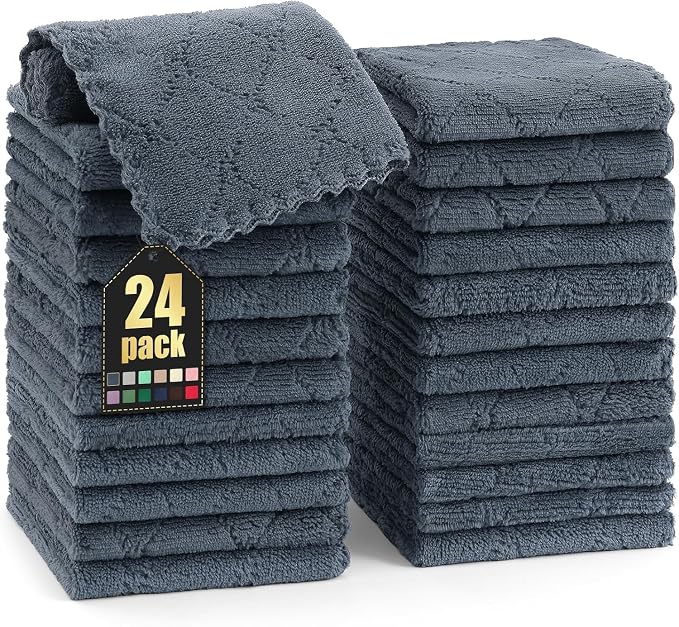 Homaxy 24 Pack Kitchen Dish Cloths (10 x 10 Inches, Dark Grey), Super Soft and Absorbent Coral Velvet Dish Towels, Nonstick Oil Fast Drying Microfiber Cleaning Cloth, No Lint Household Dishcloths