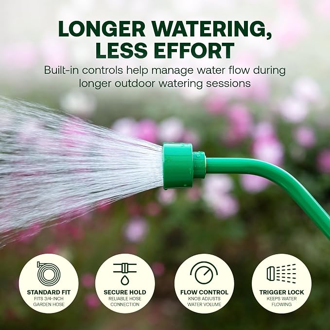 Rain Bird TRNZLWAND36 Watering Wand Garden Hose Nozzle, 36 Inch - Front Trigger Shower Spray Pattern with Flow Control Knob, Trigger Lock, Non-Slip Ergonomic Grip, 3/4 Inch GHT - Green and Black