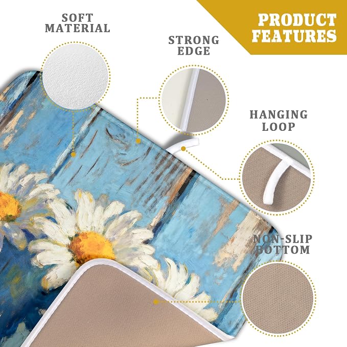 Daisy Dish Drying Mat Small for Kitchen Counter 16x18, Spring Summer Cute Flower Decorative Absorbent Reversible Microfiber Kitchen Countertop Protector Dishes Drainer Pad