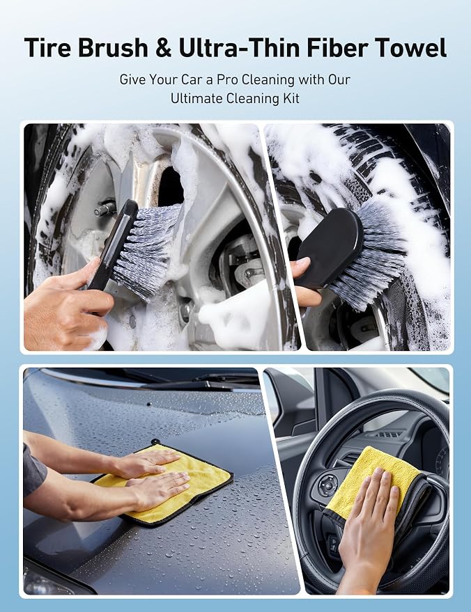 AstroAI 15°Curved Car Wash Brush with 43" Long Handle and 90° Rotating Replaceable Brush Head, Car Wash Kit with Microfiber Towel and Tire Brush for Car, SUV, RV, Floor Cleaning, Yellow