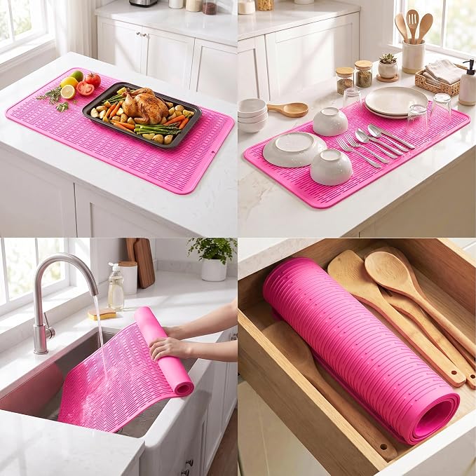 MicoYang Silicone Dish Drying Mat for Multiple Usage,Easy clean,Eco-friendly,Heat-resistant Silicone Mat for Kitchen Counter or Sink,Refrigerator or Drawer Liner Rose 5XL 36inches x 18inches