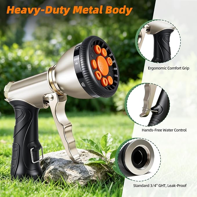 ARXIVE 9-Pattern Brass Hose Nozzle, High Pressure Leakproof Water Sprayer | Versatile sprayer with non-slip grip,Ideal for garden,car and pets,Durable rustproof metal build for daily outdoor use