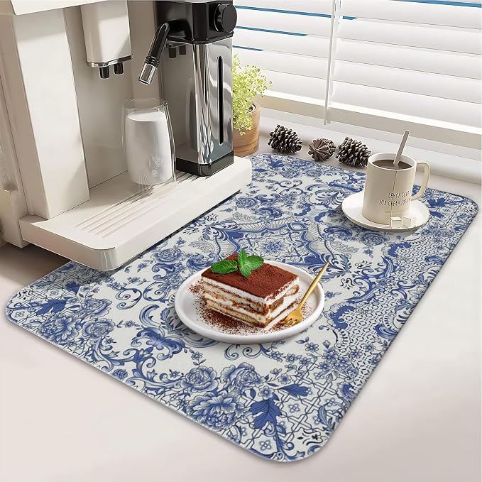 Dish Drying Mat 2-Pack with Baroque for Kitchen Counter Absorbent Dishes | Diatom Mud Mats (18x24, 19.5x12"). Non-slip rubber back for kitchen counter, coffee bar & sink scenes