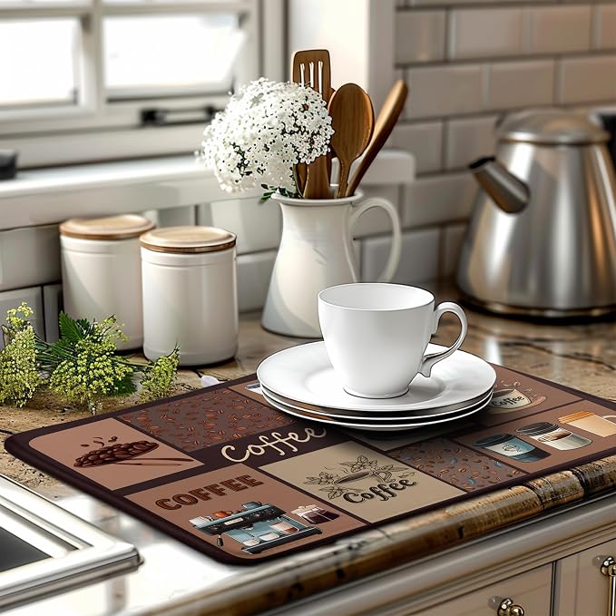 Coffee Theme Dish Drying Mats for Kitchen Counter Absorbent Microfiber Dish Drainer Mats Brown Pattern Coffee Bar Mat for Countertop Washable Dishes Drying Pad Extra Large 18x24 Inch