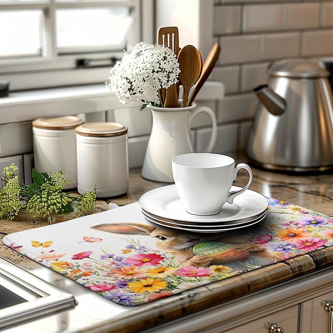 Spring Easter Dish Drying Mat for Kitchen Counter Easter Bunny Rabbit Eggs Flowers Dishes Drainer Mats 18x24 Microfiber Absorbent Large Dish Drying Pad for Kitchen Countertop Tableware Decor