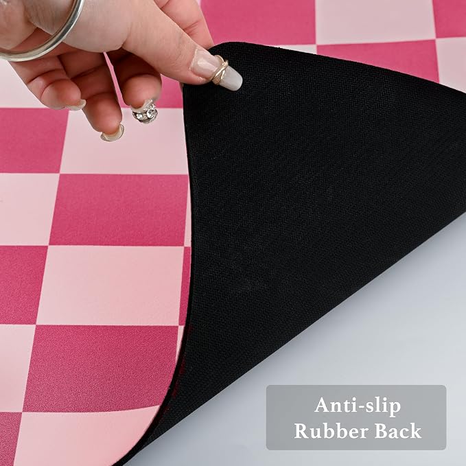 Ohocut Checkered Dish Drying Mat for Kitchen Counter, Coffee Bar Station Accessories, Retro Cute Girly Pink Aesthetic Modern Absorbent Drainer Mat Kitchen Drying Mat Easy Clean, Hot Pink 16" x 24"