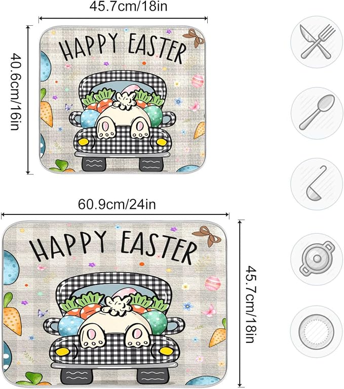 Easter Eggs Bunny Rabbit Dish Drying Mat Quick Absorbent 16x18 Easter Day Black White Buffalo Plaid Kitchen Drying Mat for Countertop Sink Reusable Dishes Mats Kitchen Essentials